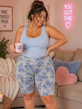 George Floral Biker Shorts Grey Blue Print Stretch Plus Size 3X